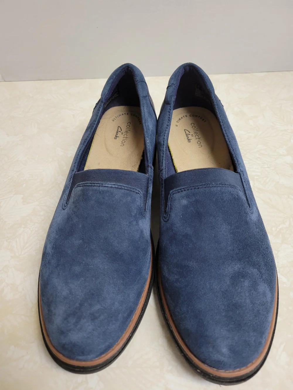 Clarks Navy Suede Slip-On Platform Loafers